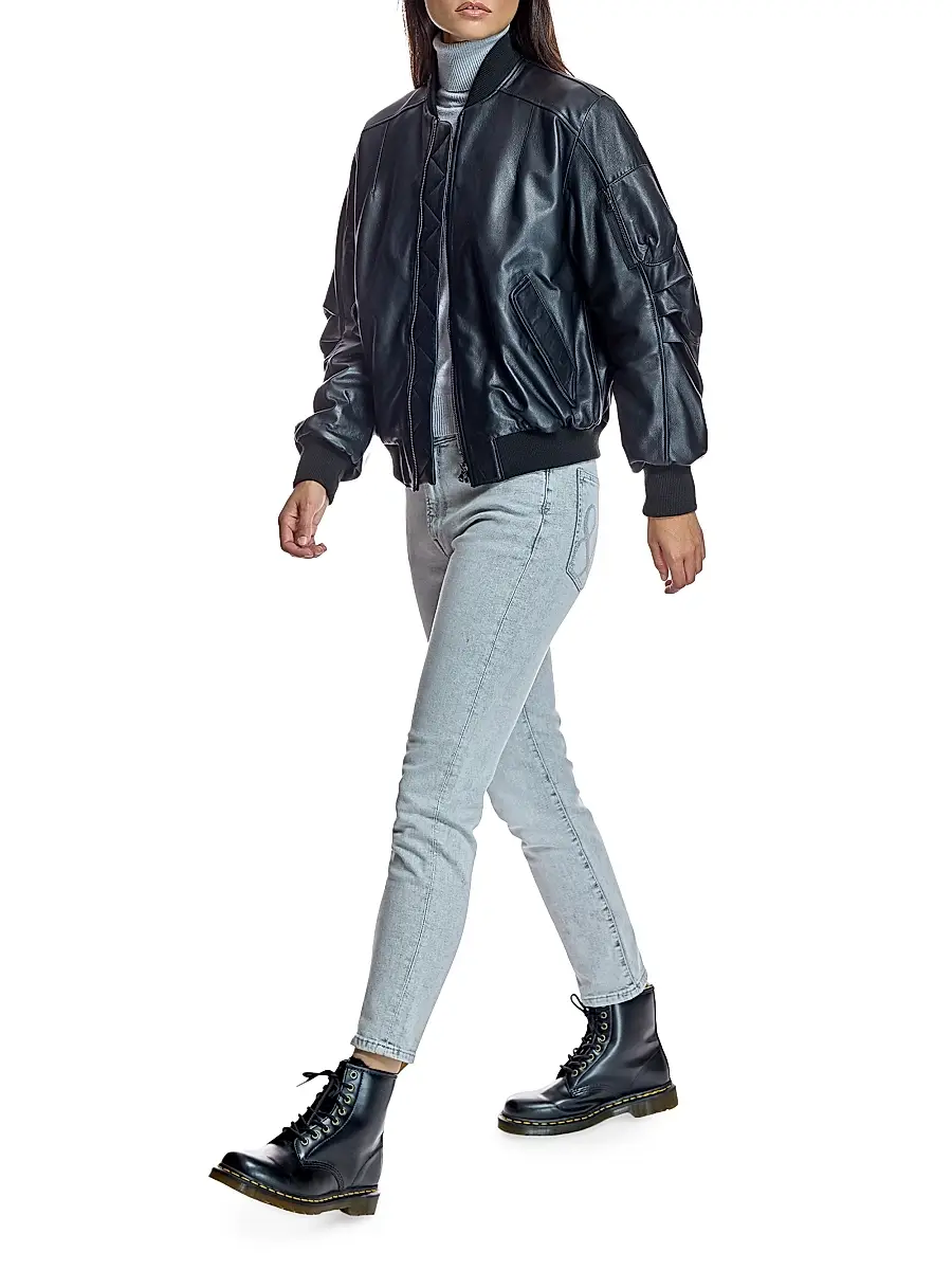 Maximilian Women's Oversized Leather Bomber - Black | Thumbnail 6 Maximilian Women's Oversized Leather Bomber - Black | Thumbnail 6
