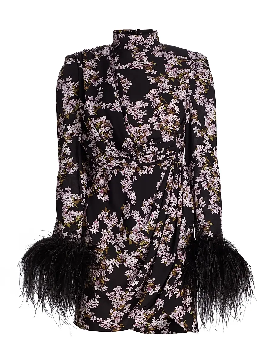 Bronx and Banco Women's Nadine Floral Feather-Cuff Minidress - Black Multi | Image 1 Bronx and Banco Women's Nadine Floral Feather-Cuff Minidress - Black Multi | Image 1
