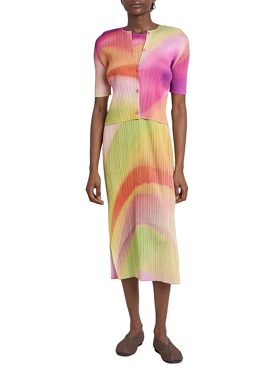 Pleats Please Issey Miyake Women's Groove Pleated Ombré Cardigan - Bright Pink | Thumbnail 2 Pleats Please Issey Miyake Women's Groove Pleated Ombré Cardigan - Bright Pink | Thumbnail 2
