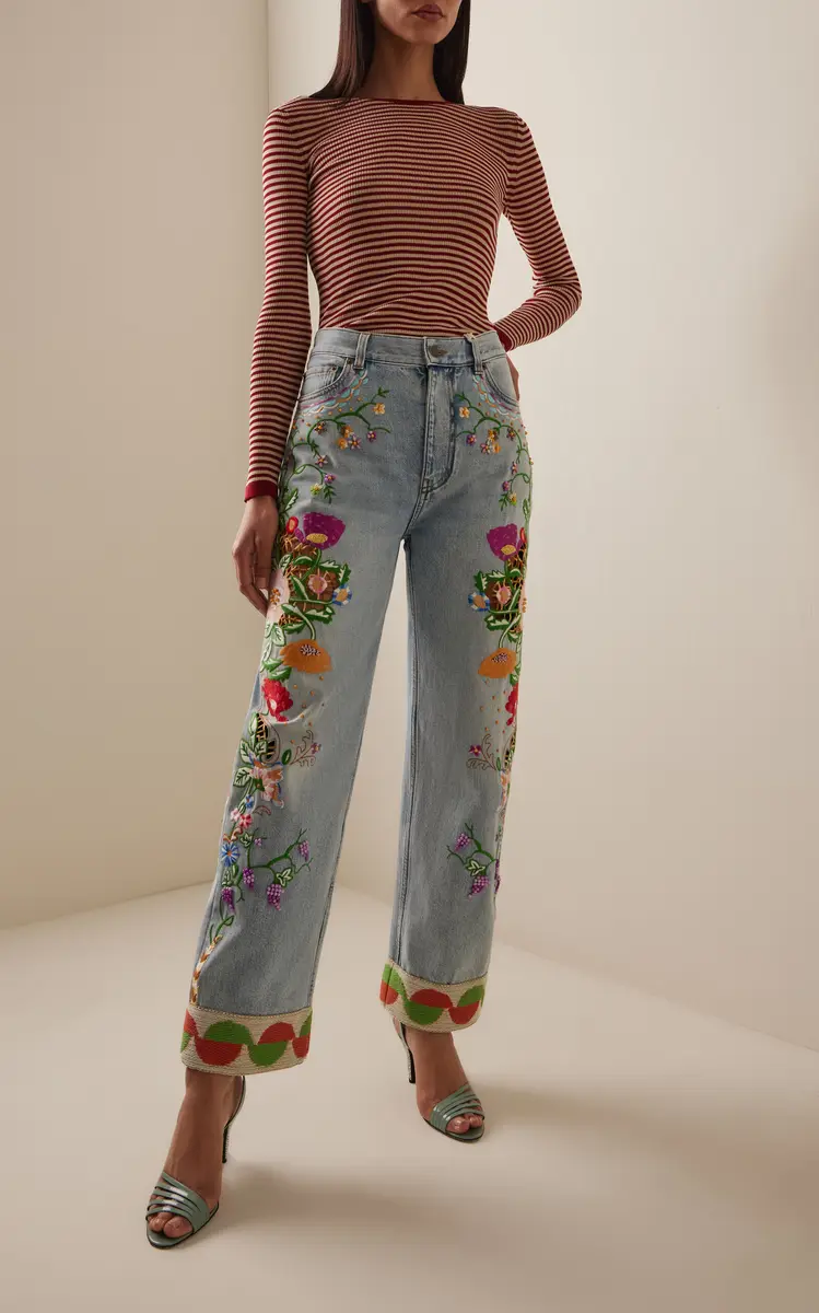 Valentino Garavani Embroidered Rigid High-Rise Straight-Leg Jeans - Light Wash | Thumbnail 2 Valentino Garavani Embroidered Rigid High-Rise Straight-Leg Jeans - Light Wash | Thumbnail 2