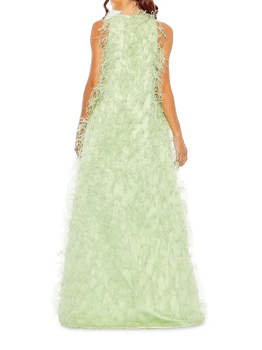 Mac Duggal Women's Feather-Embellished Satin High-Low Evening Gown - Mint | Thumbnail 2 Mac Duggal Women's Feather-Embellished Satin High-Low Evening Gown - Mint | Thumbnail 2