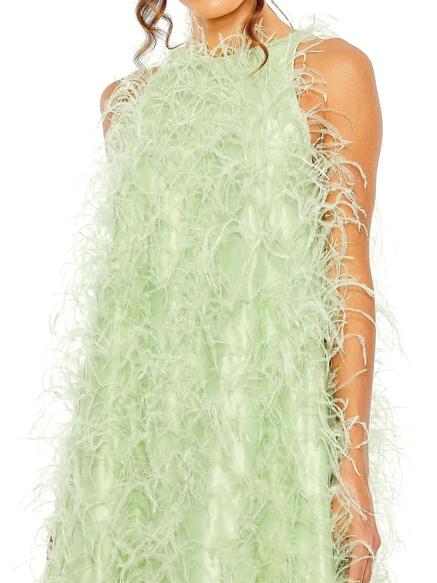 Mac Duggal Women's Feather-Embellished Satin High-Low Evening Gown - Mint | Thumbnail 3 Mac Duggal Women's Feather-Embellished Satin High-Low Evening Gown - Mint | Thumbnail 3
