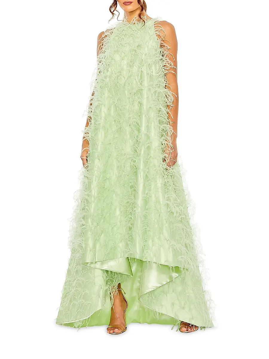 Women's Feather-Embellished Satin High-Low Evening Gown - Mint