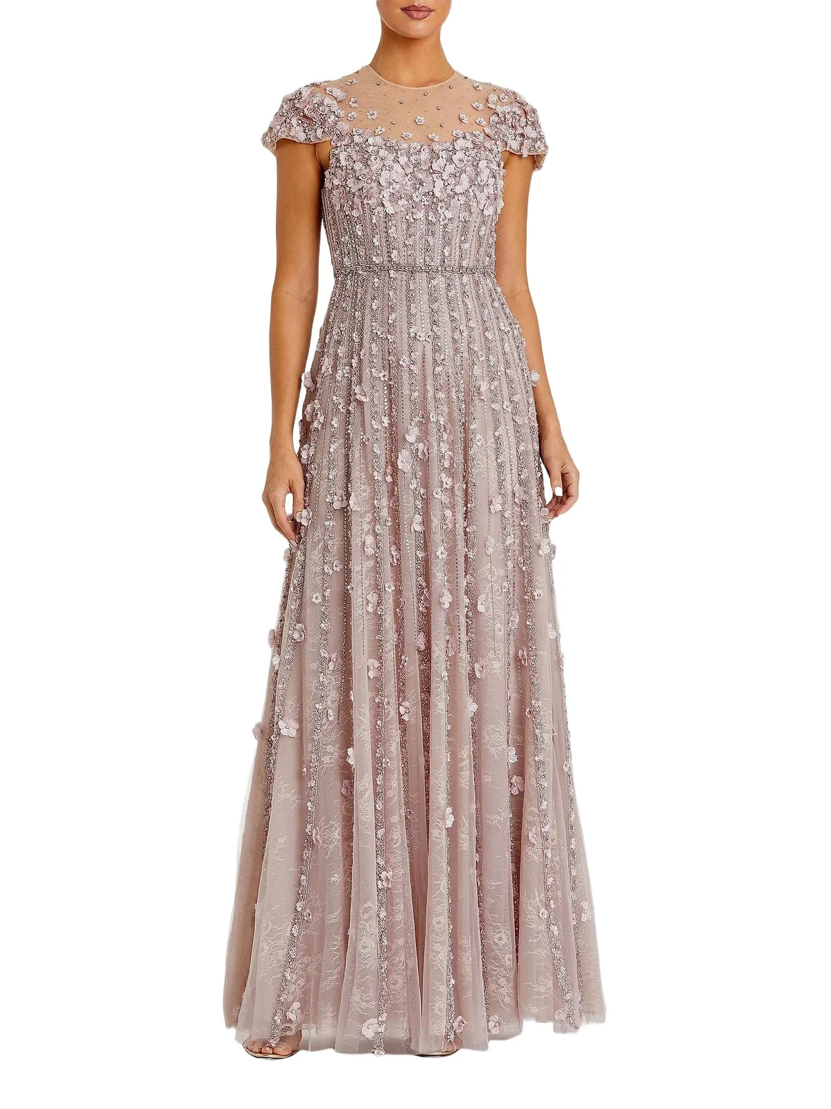 Women's Embellished Illusion-Neck Mesh Evening Gown