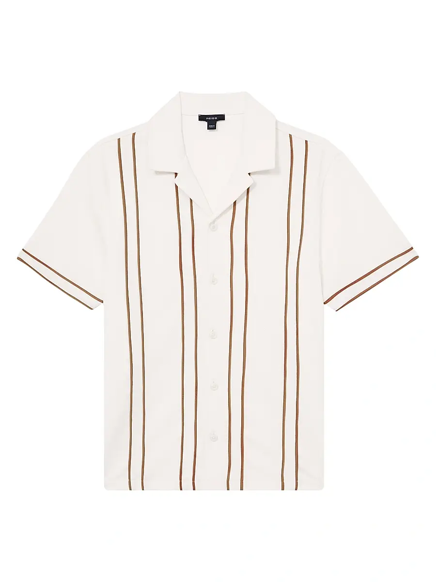 Reiss Men's Sander Cuban Striped Shirt - White Camel | Image 1 Reiss Men's Sander Cuban Striped Shirt - White Camel | Image 1