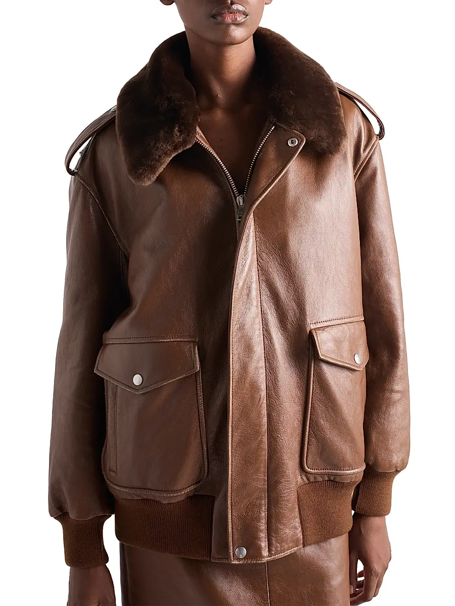 Prada Women's Nappa Leather Bomber Jacket - Brown | Thumbnail 3 Prada Women's Nappa Leather Bomber Jacket - Brown | Thumbnail 3