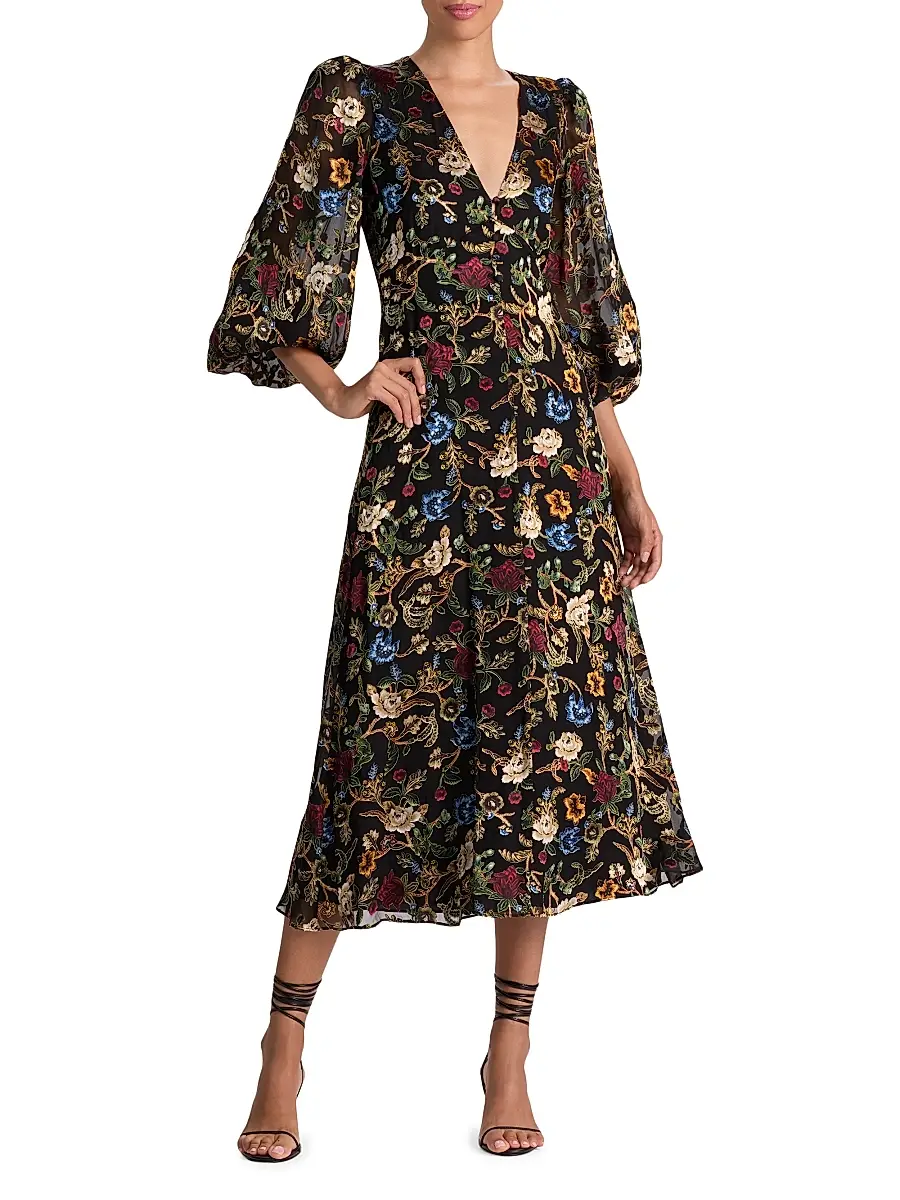 Alice + Olivia Women's Mona Floral Tapestry Blouson Midi-Dress | Thumbnail 2 Alice + Olivia Women's Mona Floral Tapestry Blouson Midi-Dress | Thumbnail 2