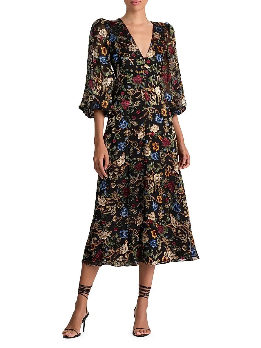 Alice + Olivia Women's Mona Floral Tapestry Blouson Midi-Dress | Thumbnail 3 Alice + Olivia Women's Mona Floral Tapestry Blouson Midi-Dress | Thumbnail 3