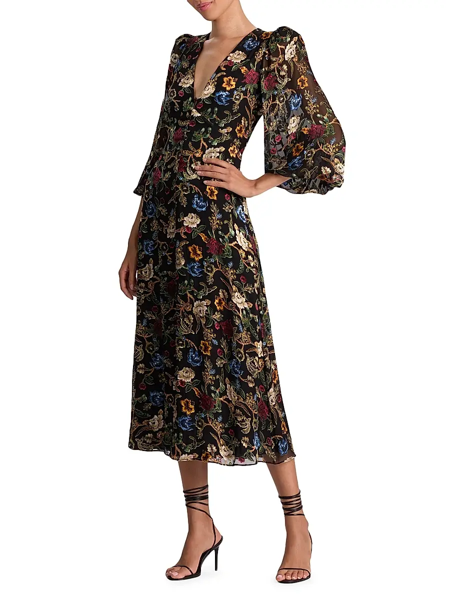 Alice + Olivia Women's Mona Floral Tapestry Blouson Midi-Dress | Thumbnail 4 Alice + Olivia Women's Mona Floral Tapestry Blouson Midi-Dress | Thumbnail 4