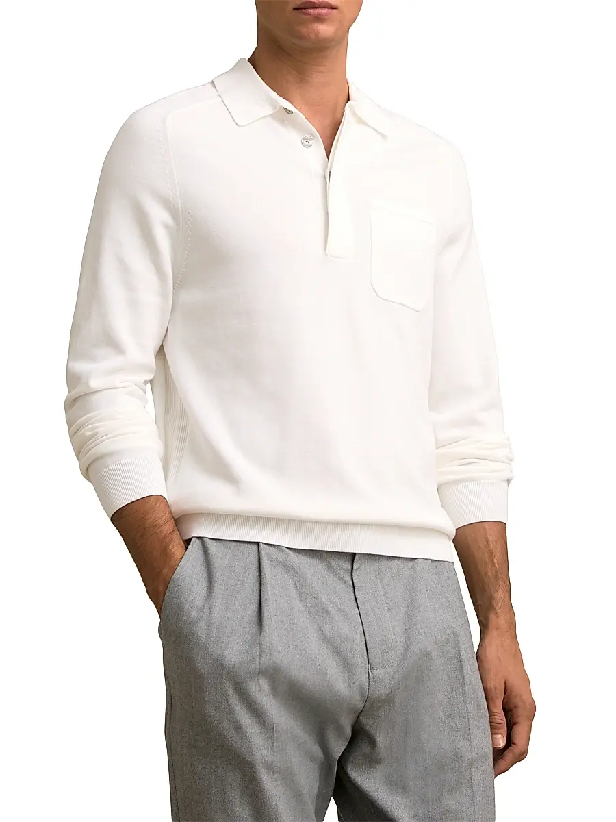 Reiss Men's Clinton Long-Sleeve Polo Shirt - White | Thumbnail 3