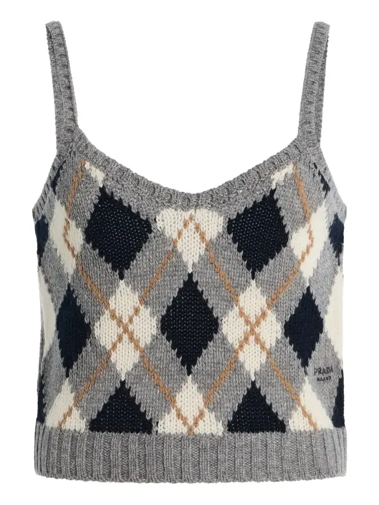 Cropped Argyle Knit Wool Tank Top