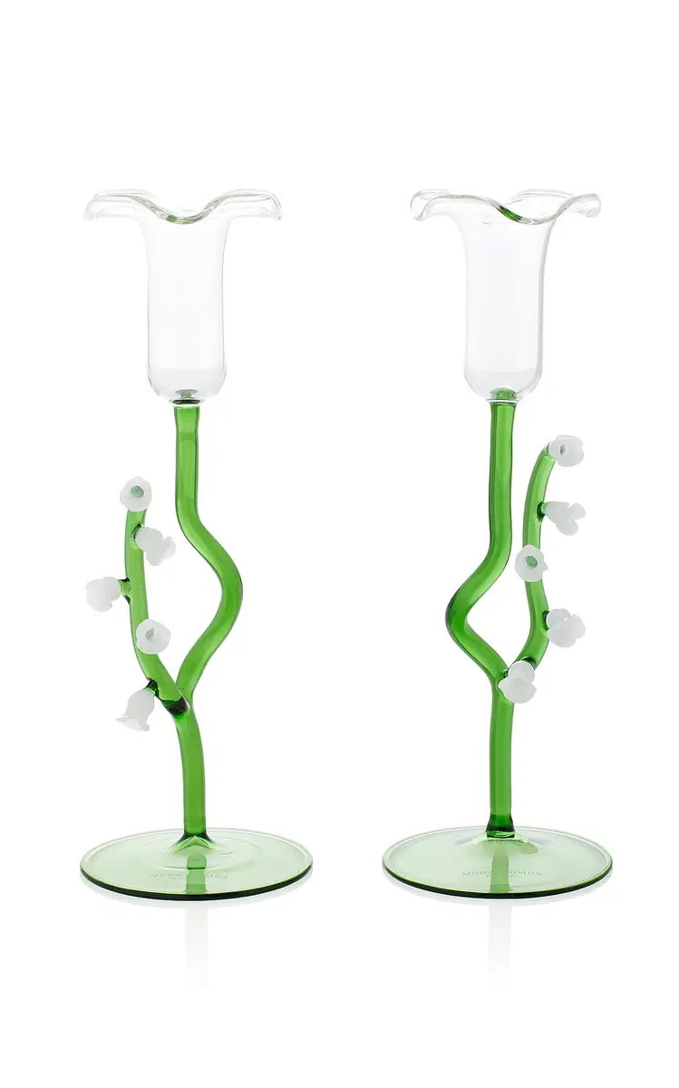 Moda Domus Lily of the Valley Set-of-Two Glass Candlesticks