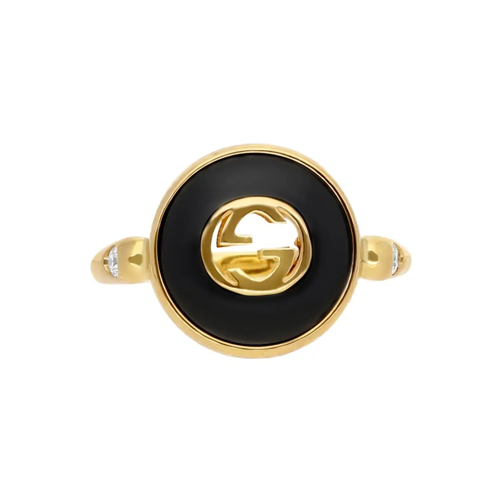 Gucci 18K Yellow Gold Onyx & Diamond Statement Ring YBC786547001009 - by The Solist Gucci 18K Yellow Gold Onyx & Diamond Statement Ring YBC786547001009 - by The Solist