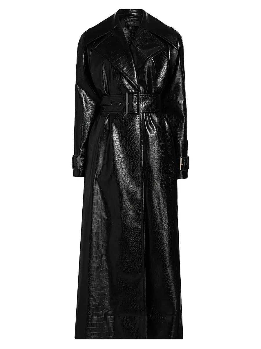 Toccin Women's Chloe Croc-Embossed Faux Leather Trench Coat - Jet | Image 1 Toccin Women's Chloe Croc-Embossed Faux Leather Trench Coat - Jet | Image 1