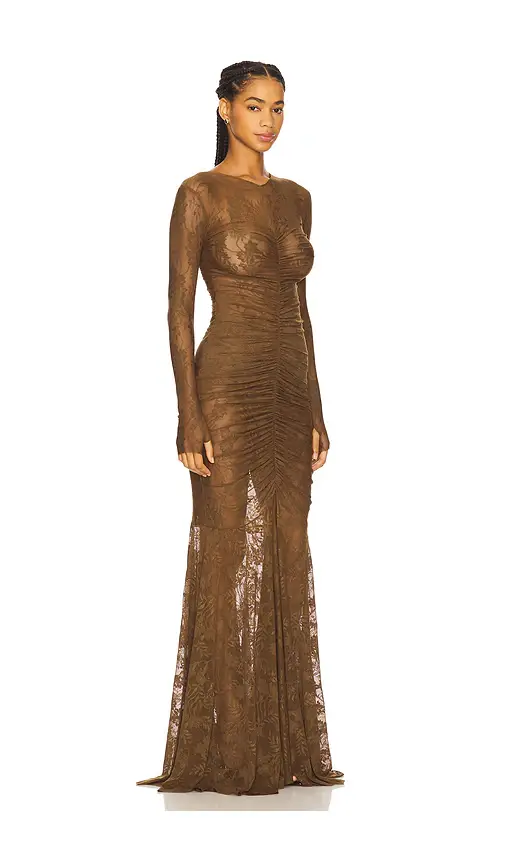 Norma Kamali Long Sleeve V Neck Shirred Front Fishtail Gown | Thumbnail 2 Norma Kamali Long Sleeve V Neck Shirred Front Fishtail Gown | Thumbnail 2