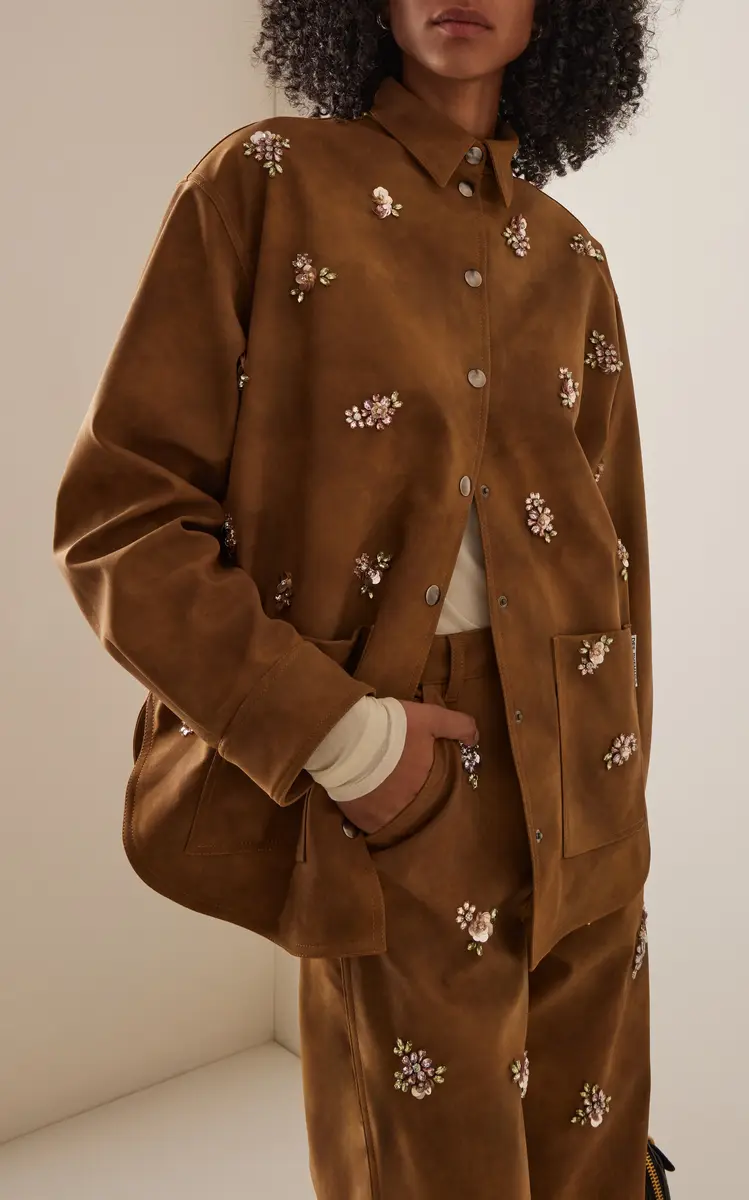 DES_PHEMMES Floral Embroidered Faux Suede Shirt Jacket | Thumbnail 2