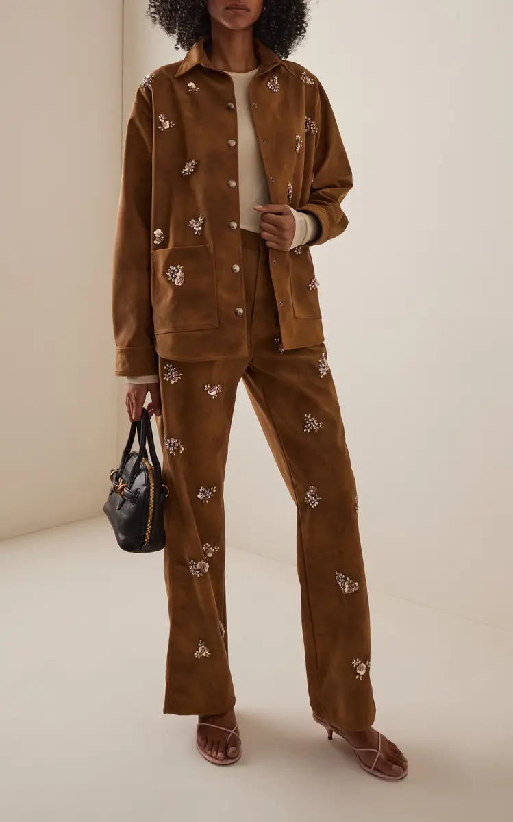 DES_PHEMMES Floral Embroidered Faux Suede Shirt Jacket | Thumbnail 3
