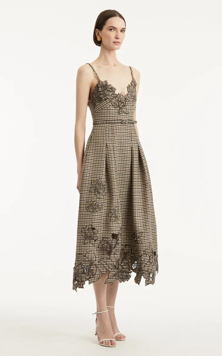 Oscar de la Renta Embroidered Pied De Poule Wool Midi Dress | Thumbnail 3 Oscar de la Renta Embroidered Pied De Poule Wool Midi Dress | Thumbnail 3