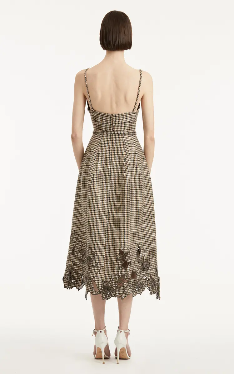 Oscar de la Renta Embroidered Pied De Poule Wool Midi Dress | Thumbnail 4 Oscar de la Renta Embroidered Pied De Poule Wool Midi Dress | Thumbnail 4