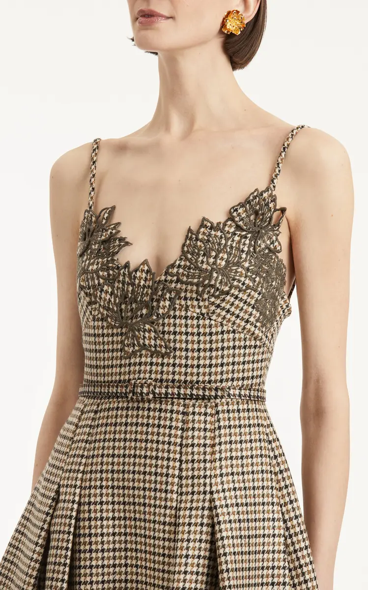 Oscar de la Renta Embroidered Pied De Poule Wool Midi Dress | Thumbnail 5 Oscar de la Renta Embroidered Pied De Poule Wool Midi Dress | Thumbnail 5