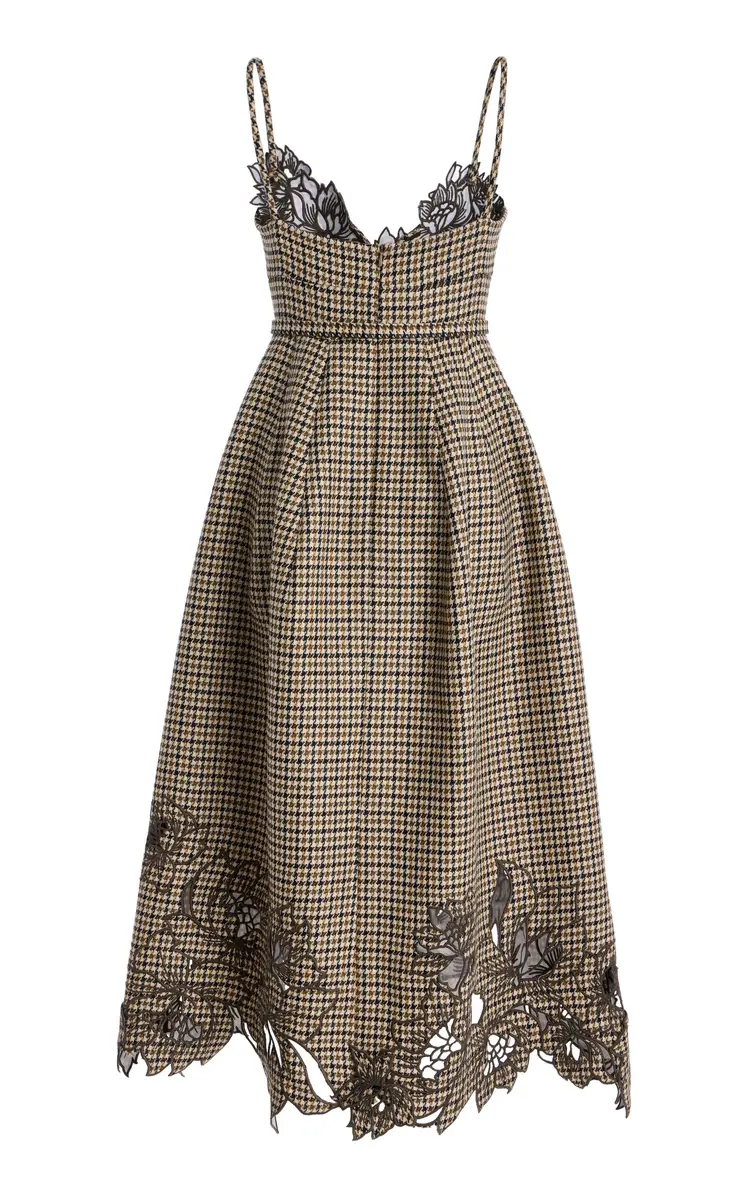 Oscar de la Renta Embroidered Pied De Poule Wool Midi Dress | Thumbnail 6 Oscar de la Renta Embroidered Pied De Poule Wool Midi Dress | Thumbnail 6