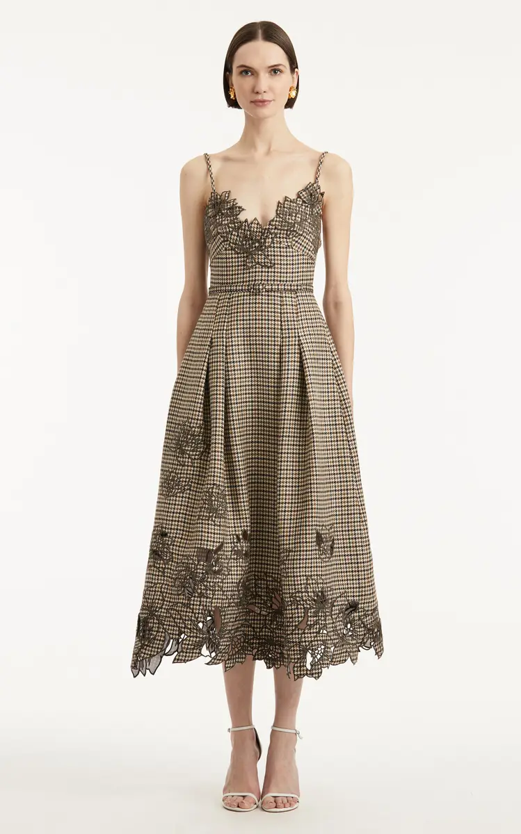 Oscar de la Renta Embroidered Pied De Poule Wool Midi Dress | Thumbnail 8 Oscar de la Renta Embroidered Pied De Poule Wool Midi Dress | Thumbnail 8