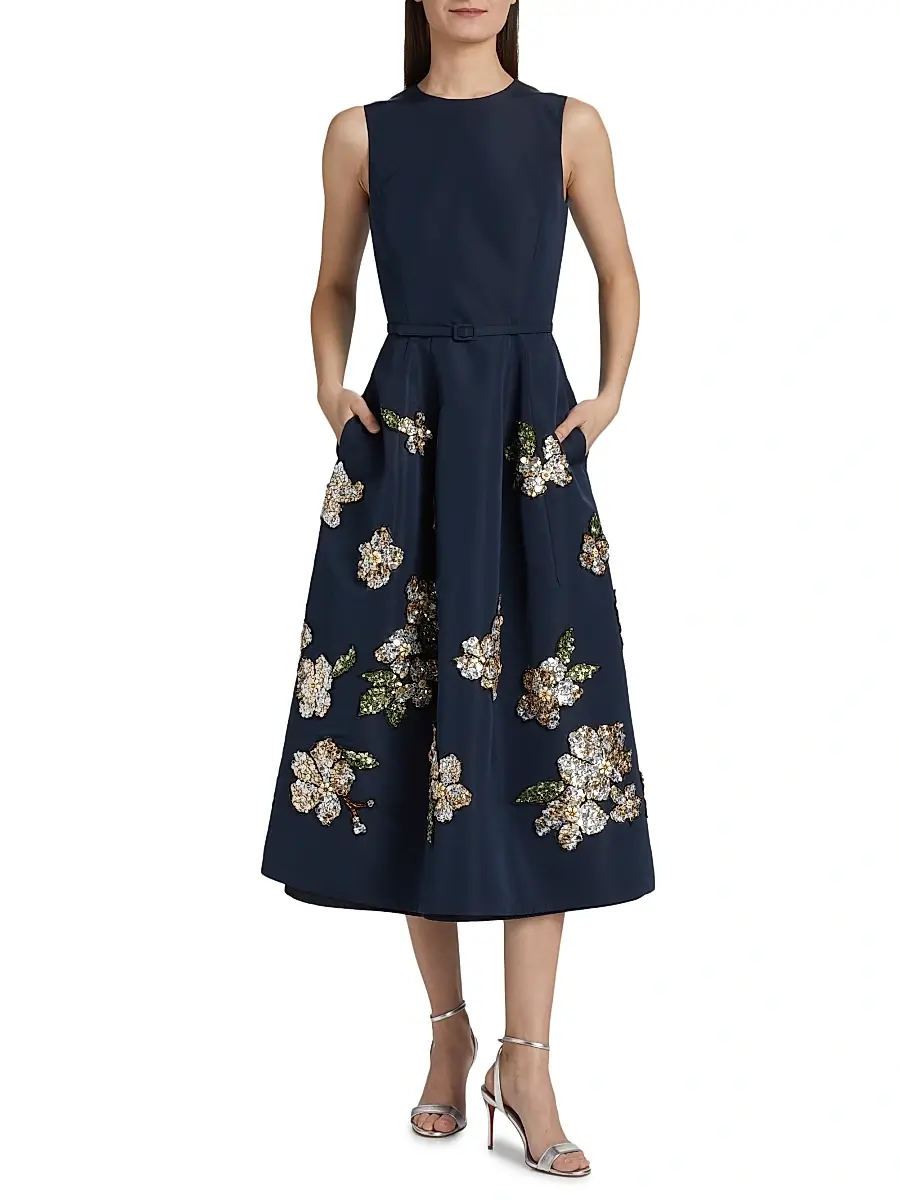 Oscar de la Renta Women's Sequin-Embellished Floral Belted Cocktail Dress - Navy | Thumbnail 2