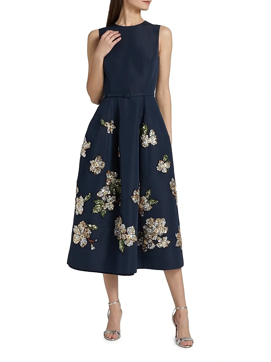 Oscar de la Renta Women's Sequin-Embellished Floral Belted Cocktail Dress - Navy | Thumbnail 3