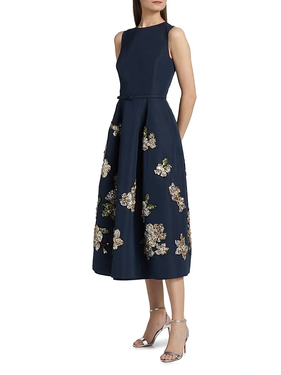 Oscar de la Renta Women's Sequin-Embellished Floral Belted Cocktail Dress - Navy | Thumbnail 4