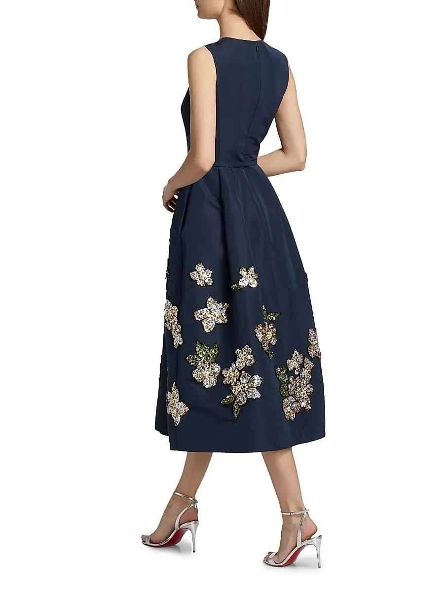 Oscar de la Renta Women's Sequin-Embellished Floral Belted Cocktail Dress - Navy | Thumbnail 5
