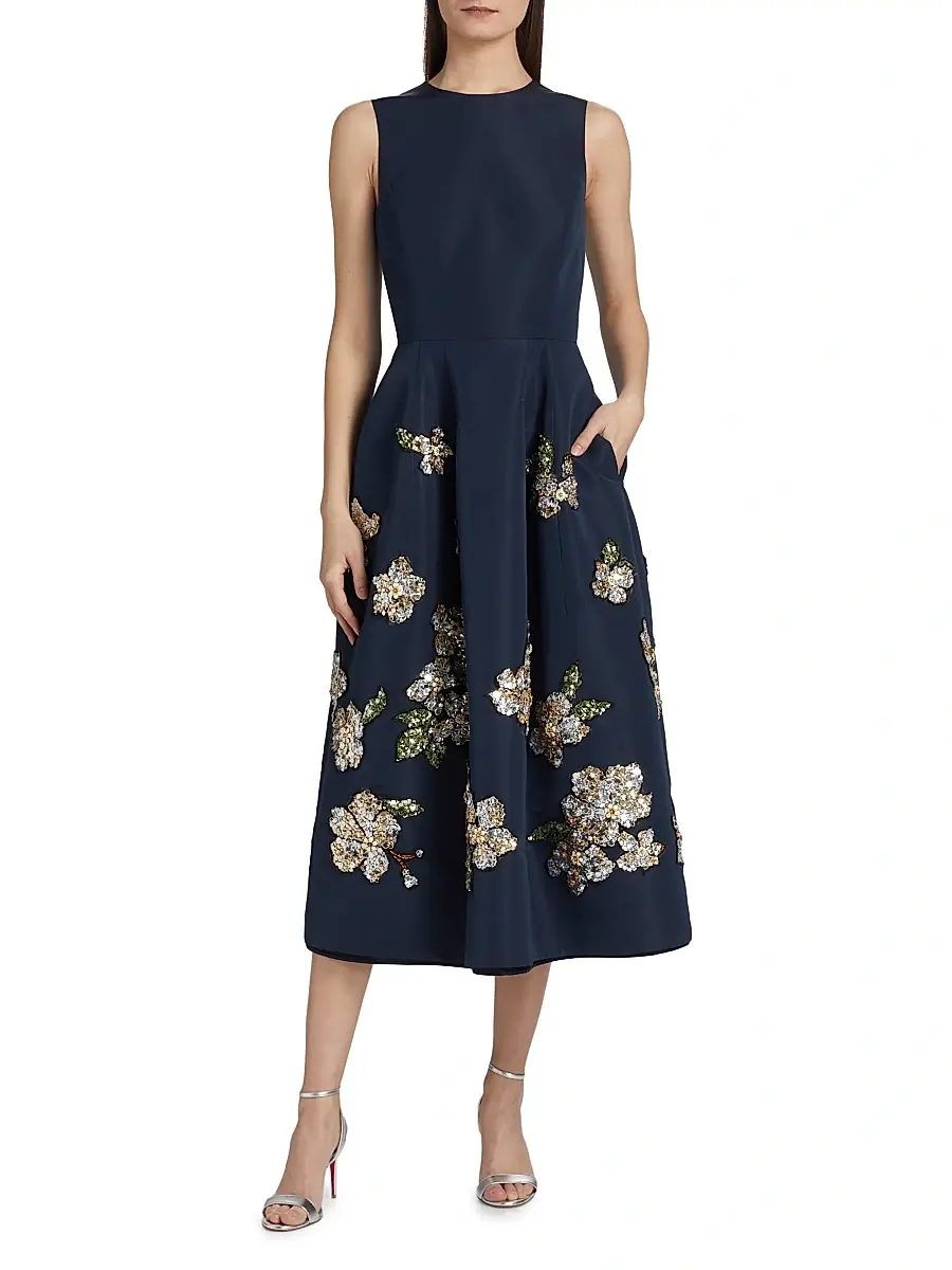 Oscar de la Renta Women's Sequin-Embellished Floral Belted Cocktail Dress - Navy | Thumbnail 6