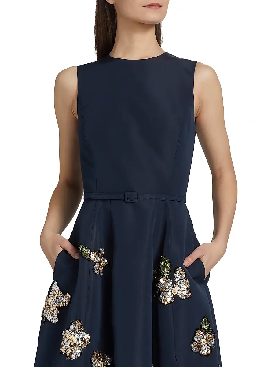 Oscar de la Renta Women's Sequin-Embellished Floral Belted Cocktail Dress - Navy | Thumbnail 7