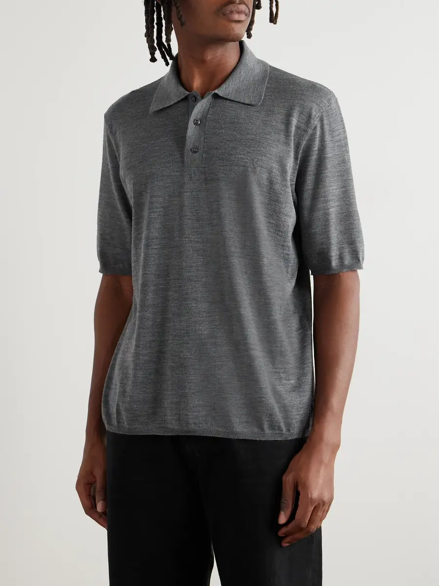 Saint Laurent Cassandre Logo-Embroidered Wool Polo Shirt - Men | Thumbnail 3 Saint Laurent Cassandre Logo-Embroidered Wool Polo Shirt - Men | Thumbnail 3