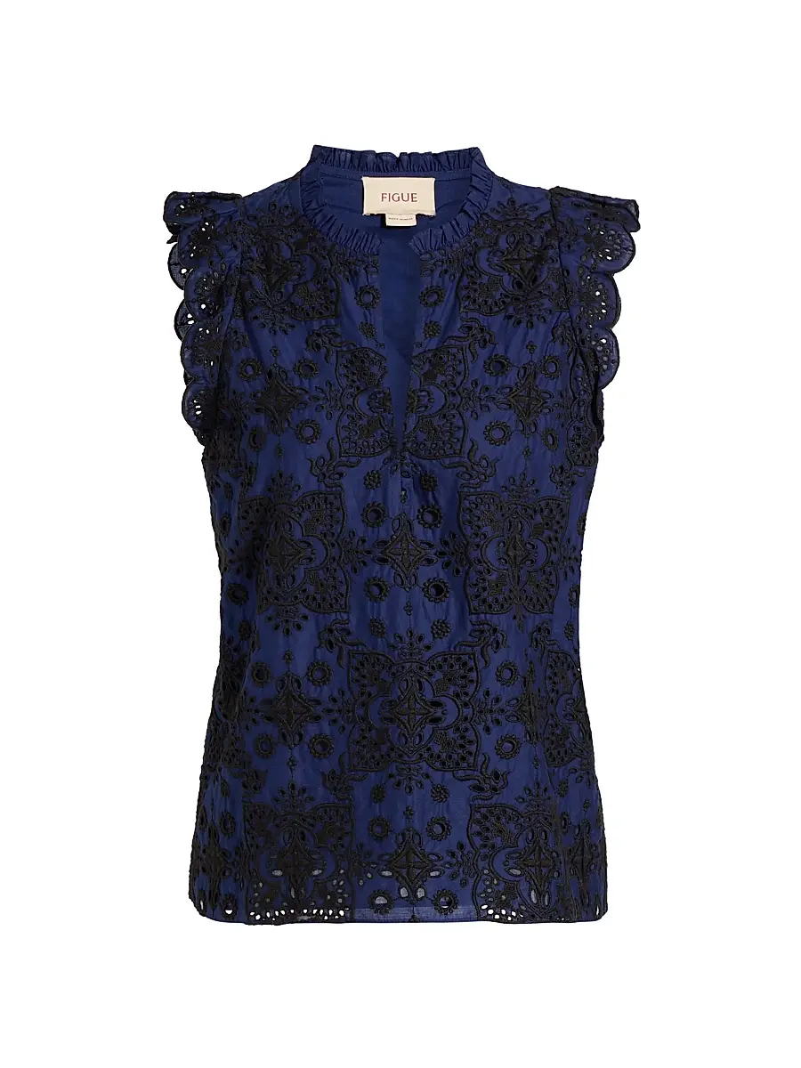 FIGUE Women's Maris Embroidered Cotton Top - True Navy - Size Large | Image 1 FIGUE Women's Maris Embroidered Cotton Top - True Navy - Size Large | Image 1