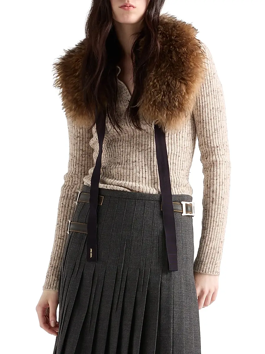 Prada Women's Wool and Linen Polo Sweater - Beige Khaki | Thumbnail 2 Prada Women's Wool and Linen Polo Sweater - Beige Khaki | Thumbnail 2