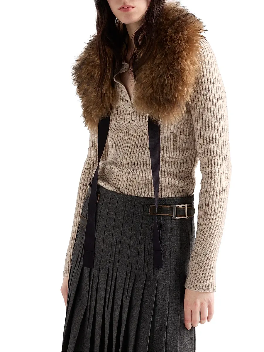 Prada Women's Wool and Linen Polo Sweater - Beige Khaki | Thumbnail 4 Prada Women's Wool and Linen Polo Sweater - Beige Khaki | Thumbnail 4