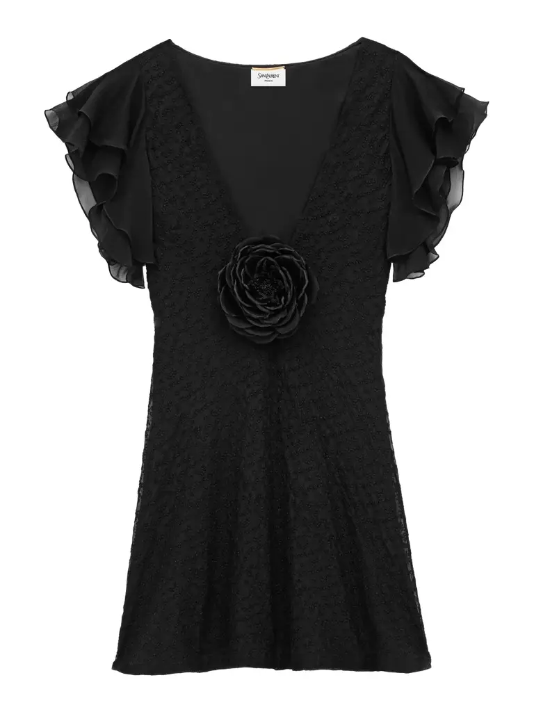 Saint Laurent Embroidered Muslin V-Neck Mini Dress | Image 1 Saint Laurent Embroidered Muslin V-Neck Mini Dress | Image 1
