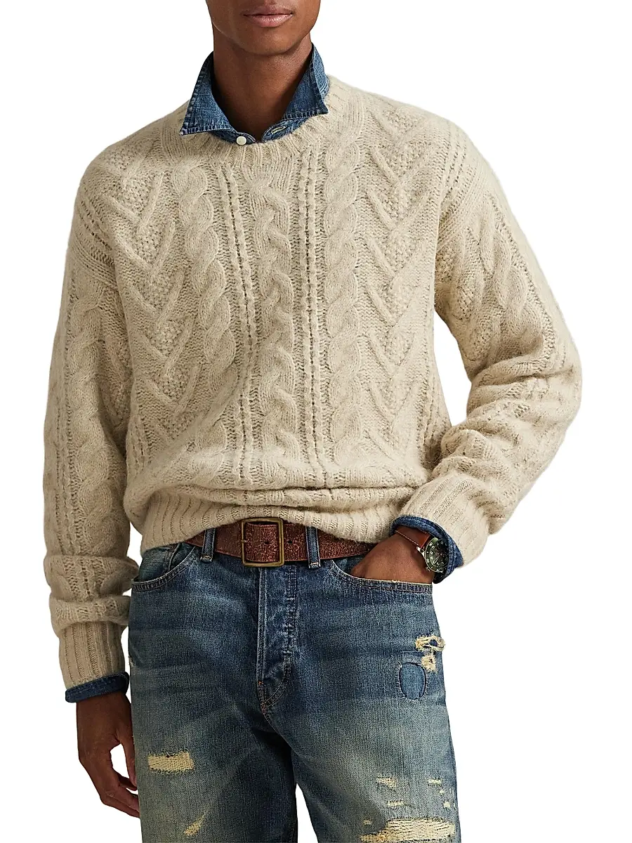 Polo Ralph Lauren Men's Aran Wool-Blend Crewneck Sweater - Coconut Cream Heather | Thumbnail 3
