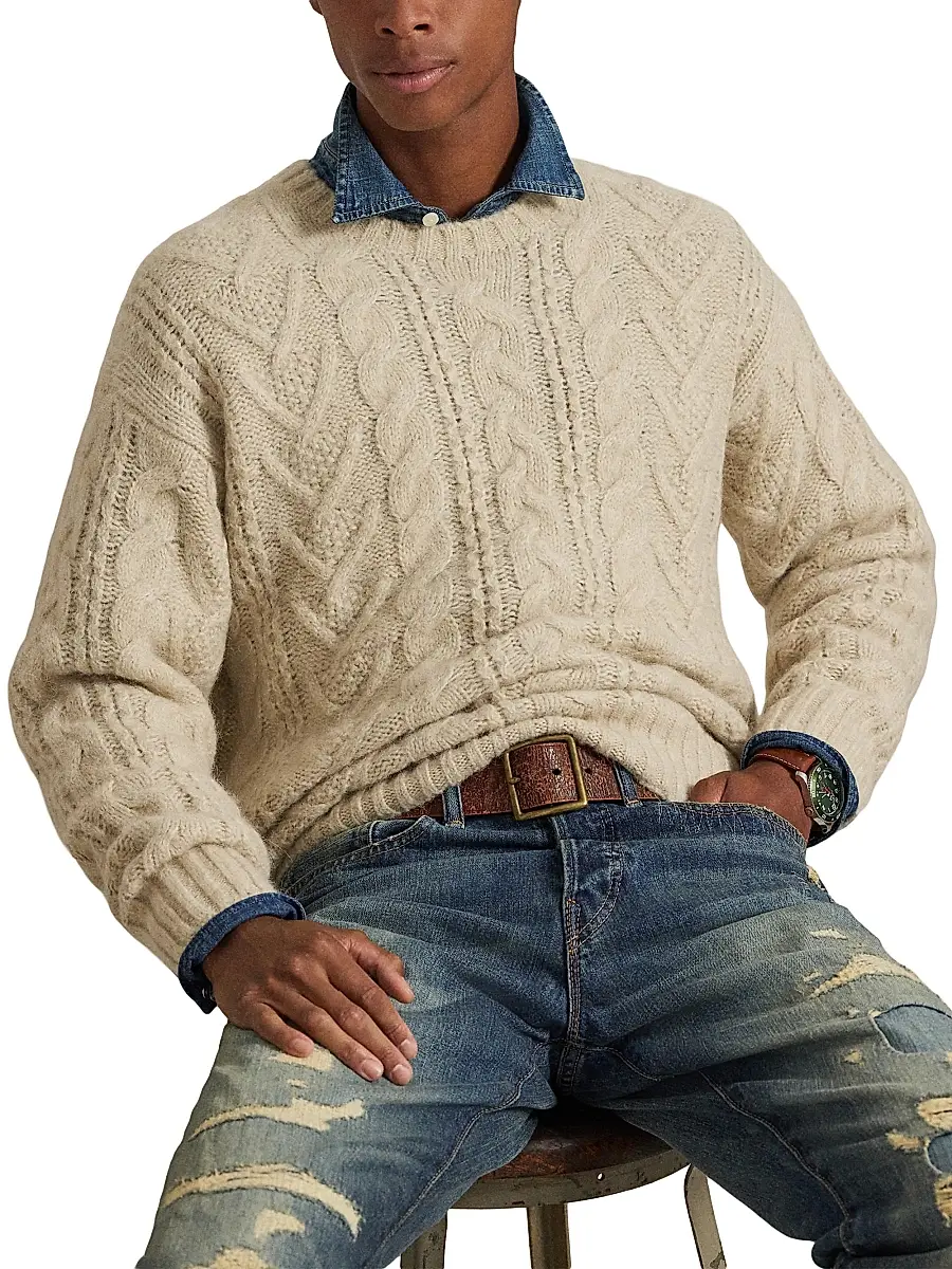 Polo Ralph Lauren Men's Aran Wool-Blend Crewneck Sweater - Coconut Cream Heather | Thumbnail 5