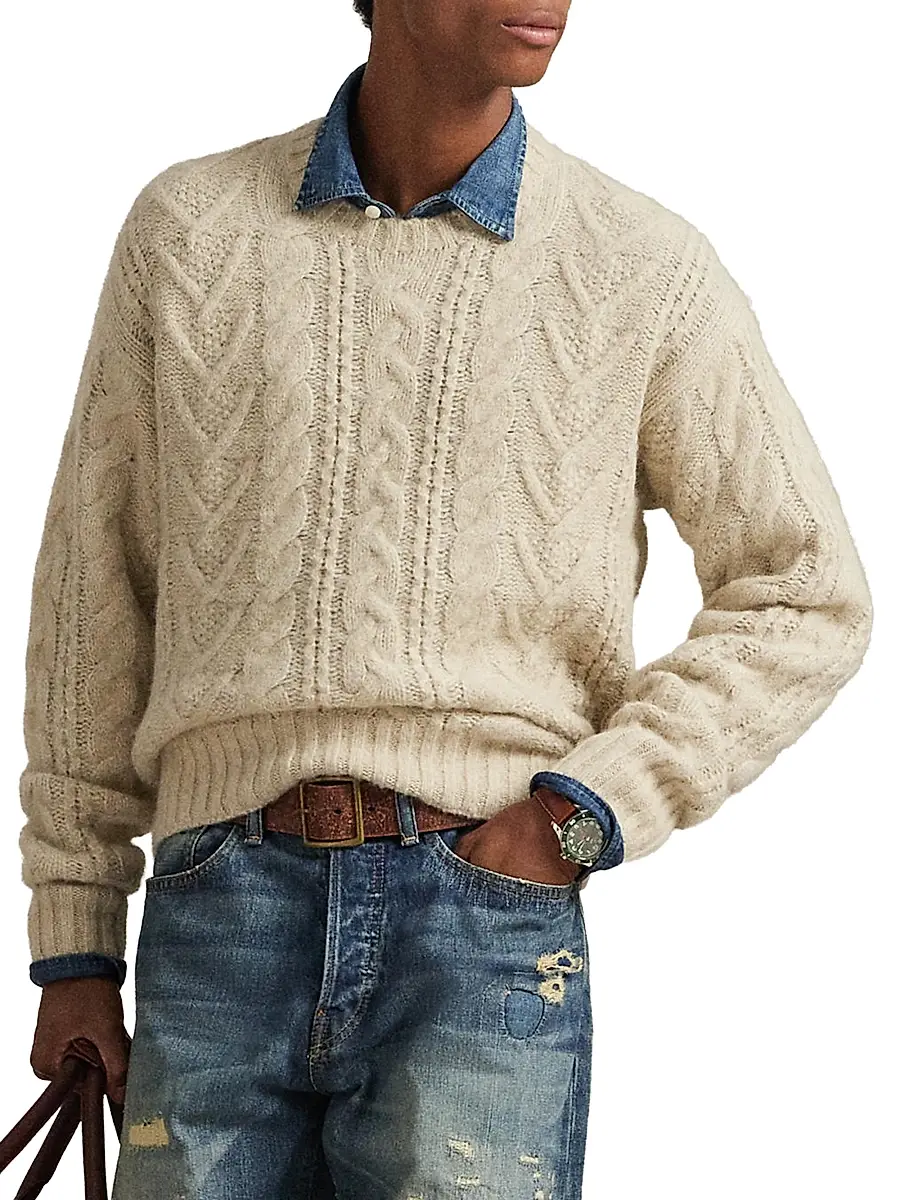 Polo Ralph Lauren Men's Aran Wool-Blend Crewneck Sweater - Coconut Cream Heather | Thumbnail 6