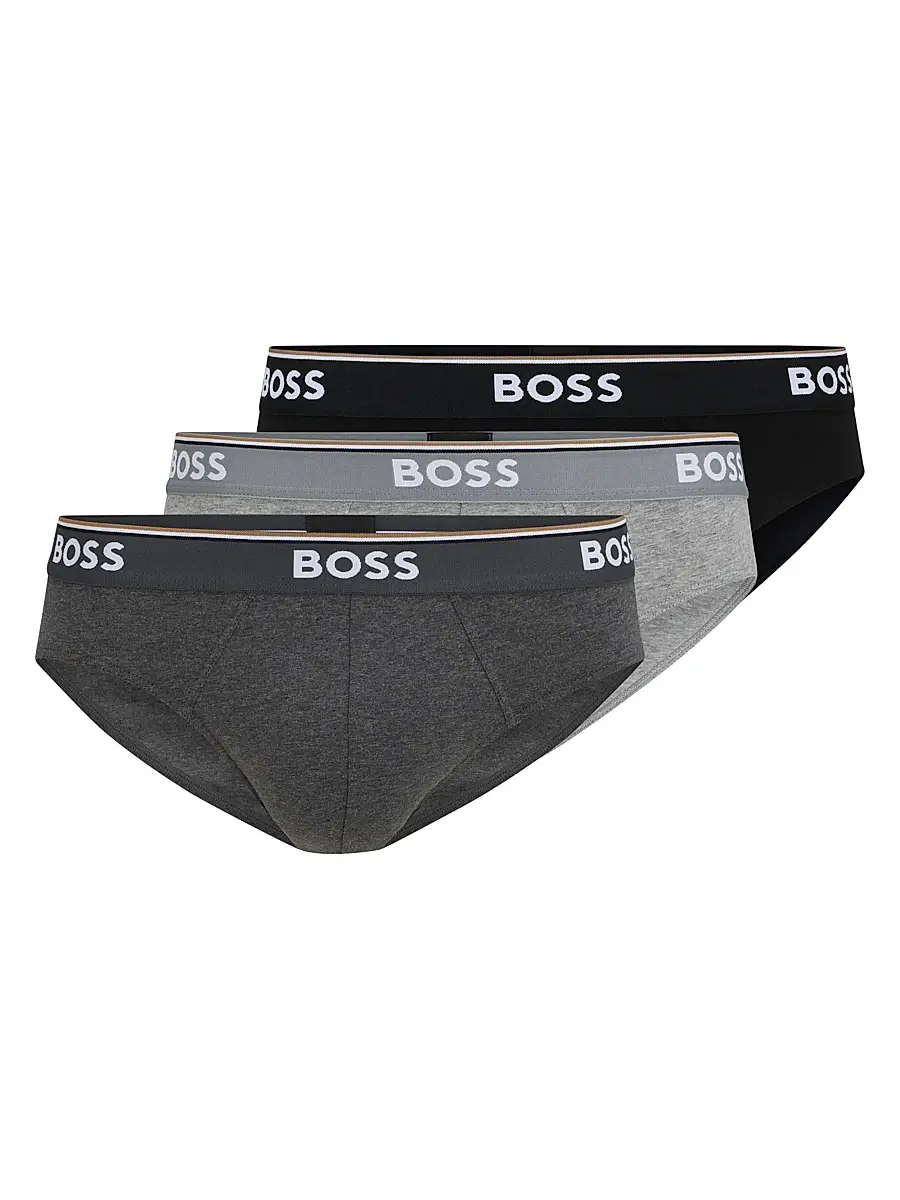 BOSS Men's Three-Pack of Stretch-Cotton Briefs with Logo Waistbands - Dark Grey | Image 1 BOSS Men's Three-Pack of Stretch-Cotton Briefs with Logo Waistbands - Dark Grey | Image 1