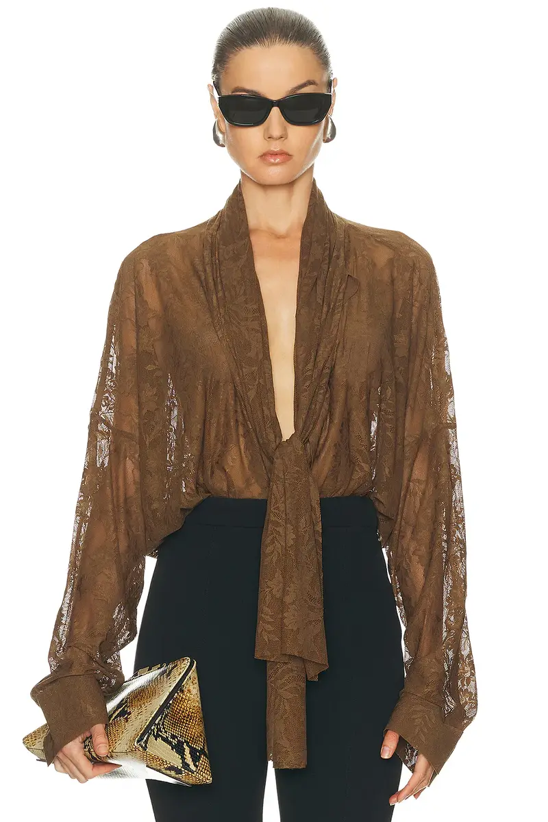 Norma Kamali for FWRD Super Oversized Boyfriend Stretch Lace Bodysuit | Image 1 Norma Kamali for FWRD Super Oversized Boyfriend Stretch Lace Bodysuit | Image 1
