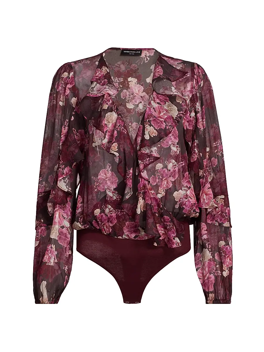 Generation Love Women's Nikali Floral Wrap-Style Bodysuit - Burgundy Fleur Multi | Image 1 Generation Love Women's Nikali Floral Wrap-Style Bodysuit - Burgundy Fleur Multi | Image 1
