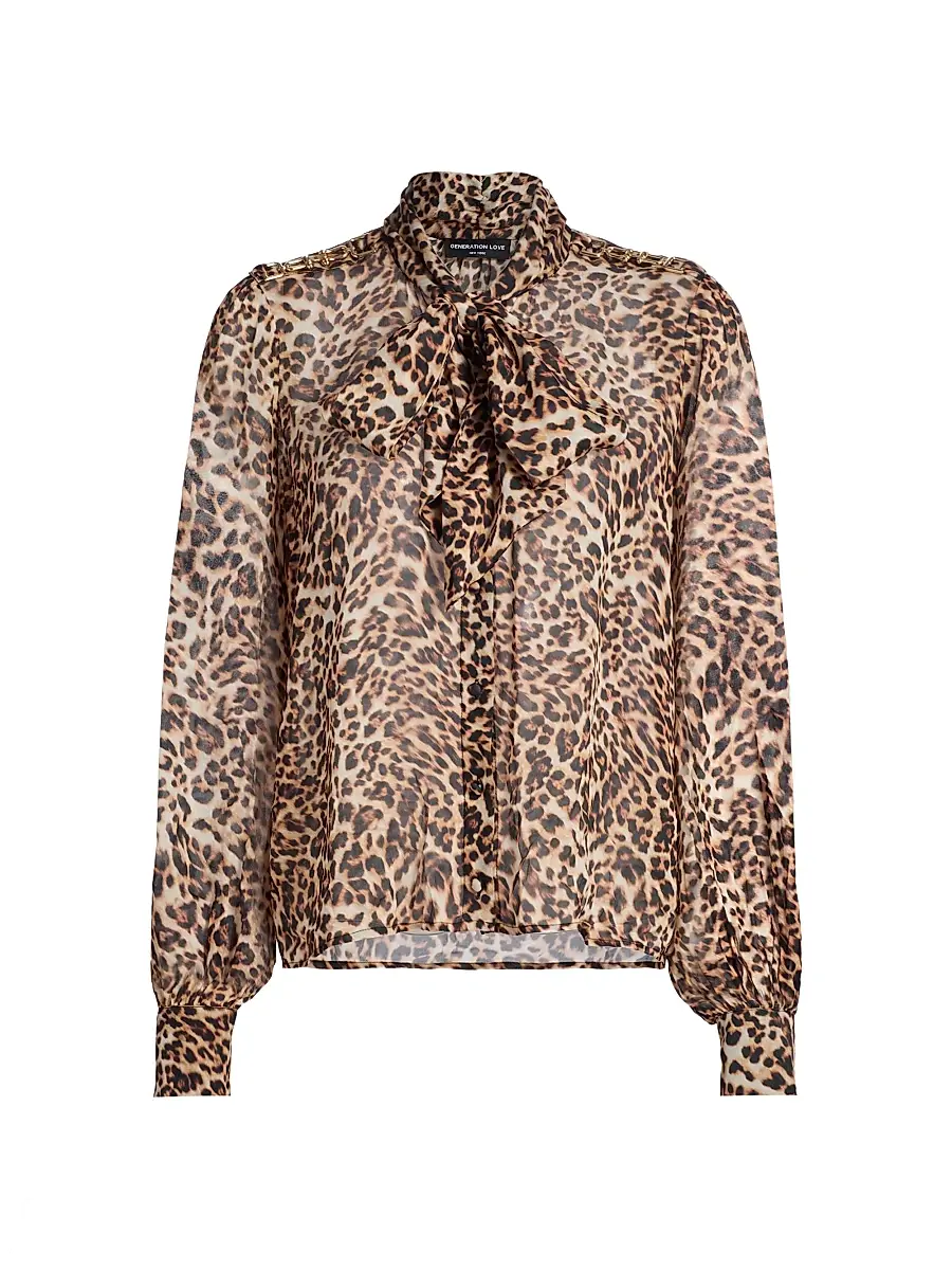Generation Love Women's Veralli Leo Bow-Tie Blouse - Leopardess | Image 1 Generation Love Women's Veralli Leo Bow-Tie Blouse - Leopardess | Image 1