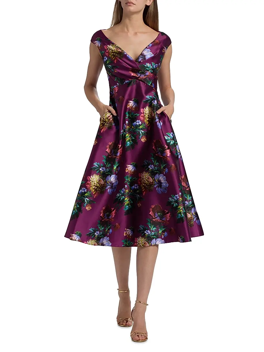 THEIA Women's Kadence Floral V-Neck Midi-Dress | Thumbnail 2
