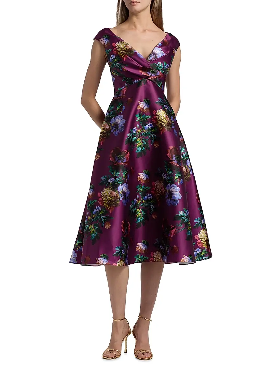 THEIA Women's Kadence Floral V-Neck Midi-Dress | Thumbnail 3