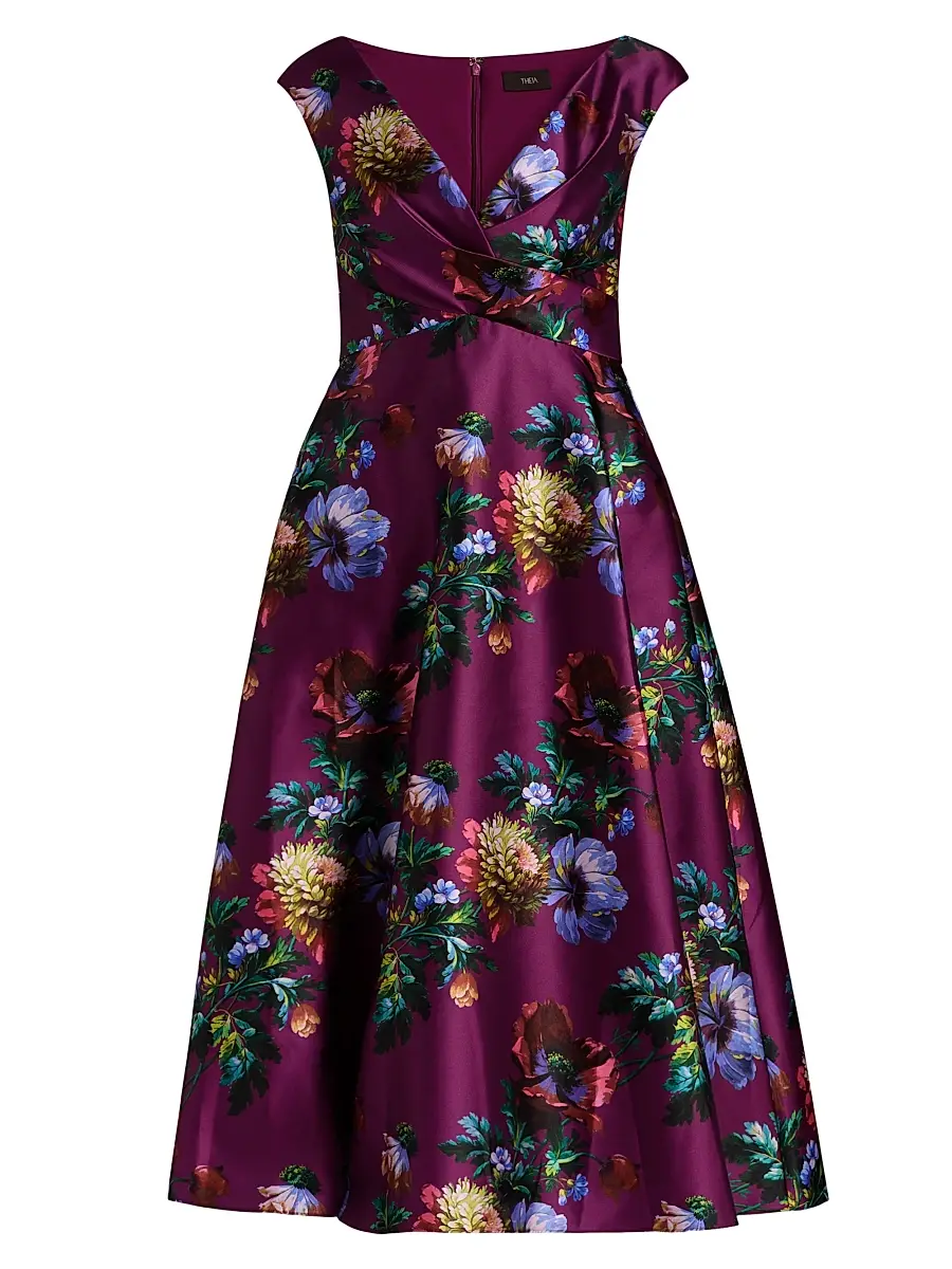 Theia Women's Kadence Floral V-Neck Midi-Dress - Sangria Poppy Stripe | Image 1 Theia Women's Kadence Floral V-Neck Midi-Dress - Sangria Poppy Stripe | Image 1