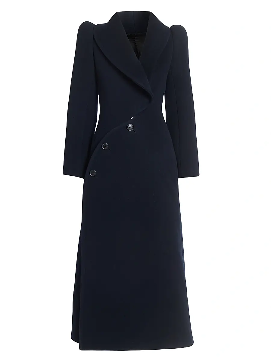 Women's Curved-Button Wool Coat - Marine