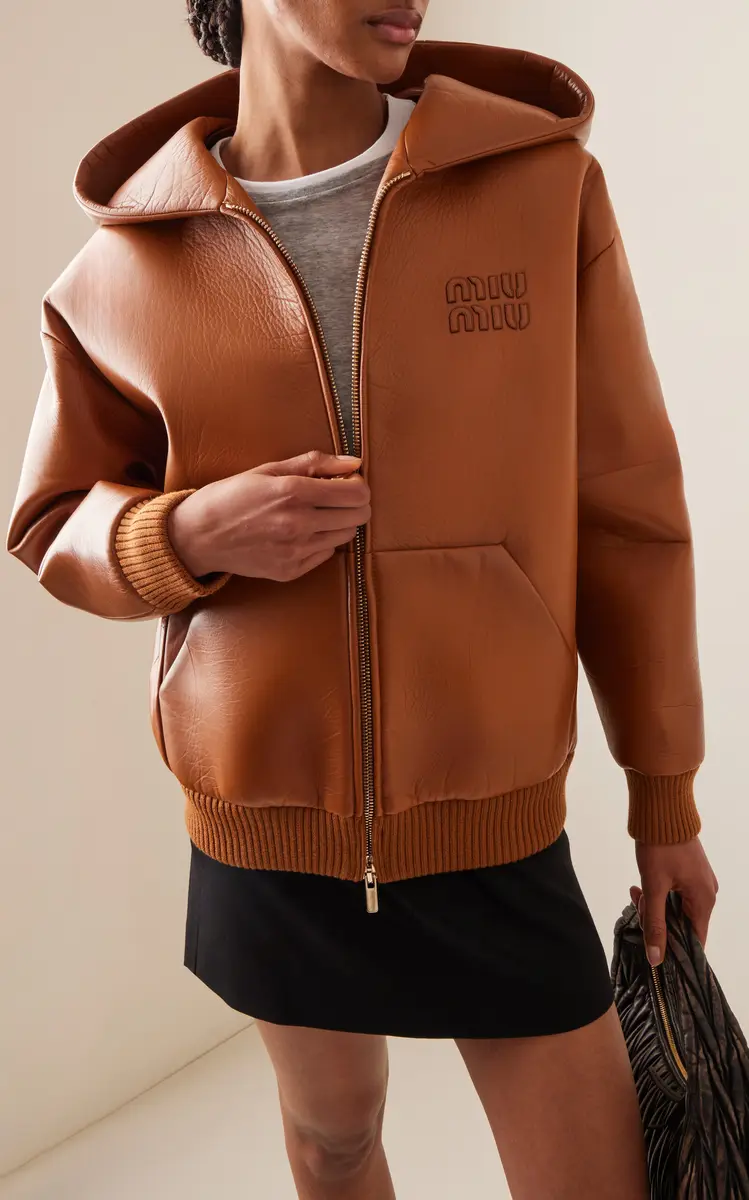 Miu Miu Oversized Hooded Leather Jacket - Brown | Thumbnail 2 Miu Miu Oversized Hooded Leather Jacket - Brown | Thumbnail 2