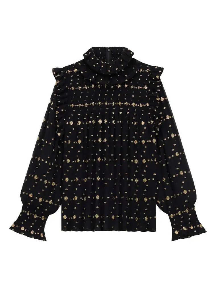 Saint Laurent Sheer Lurex Silk Ruffled Blouse
